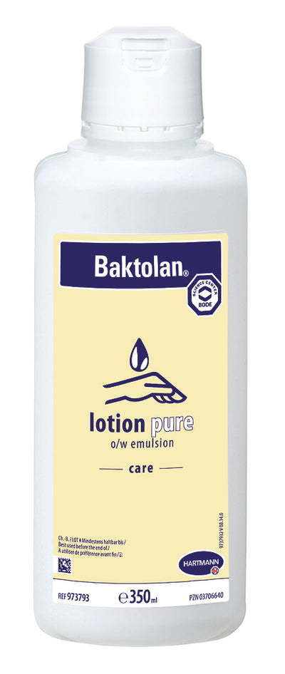 Baktolan lotion pure, 350 ml, Pflegelotion, Händepflege und Hautschutz, feuchtigkeitsspendende, schnelleinziehende parfümfreie Öl-in-Wasser (o/w) Pflegelotion für normale Haut, 973793 Hartmann