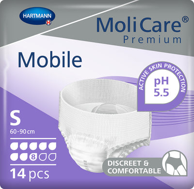 MoliCare Premium Mobile 8 Tropfen Gr. S/M/L/XL, saugstarke Einweghose für höchste Ansprüche an Sicherheit bei schwerer Harninkontinenz, 915871, 
PZN 13506511, 
915872, 
PZN 13506528, 
915873, 
PZN 13506534, 
915874, 
PZN 13506540 Hartmann