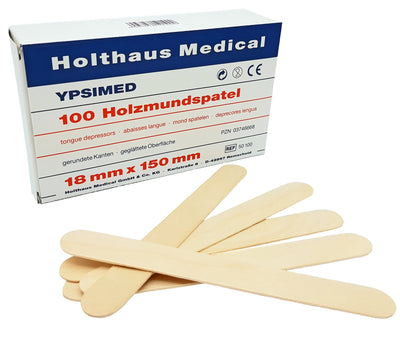 YPSIMED Holzmundspatel, mit gerundeten Kanten und geglätteter Oberfläche, Packung à 100 Stück, 18 x 150 mm, 50100 Holthaus